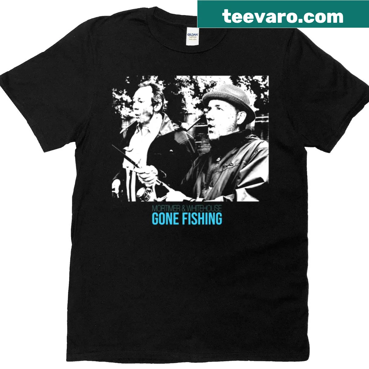 Illustrative fishing theme featuring Mortimer and Whitehouse on a T-shirt — on a men's t-shirt
