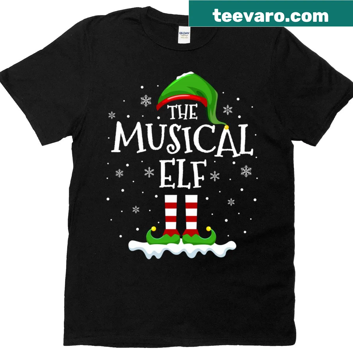 Illustration of a cheerful elf squad on a Christmas T-shirt — on a men's t-shirt