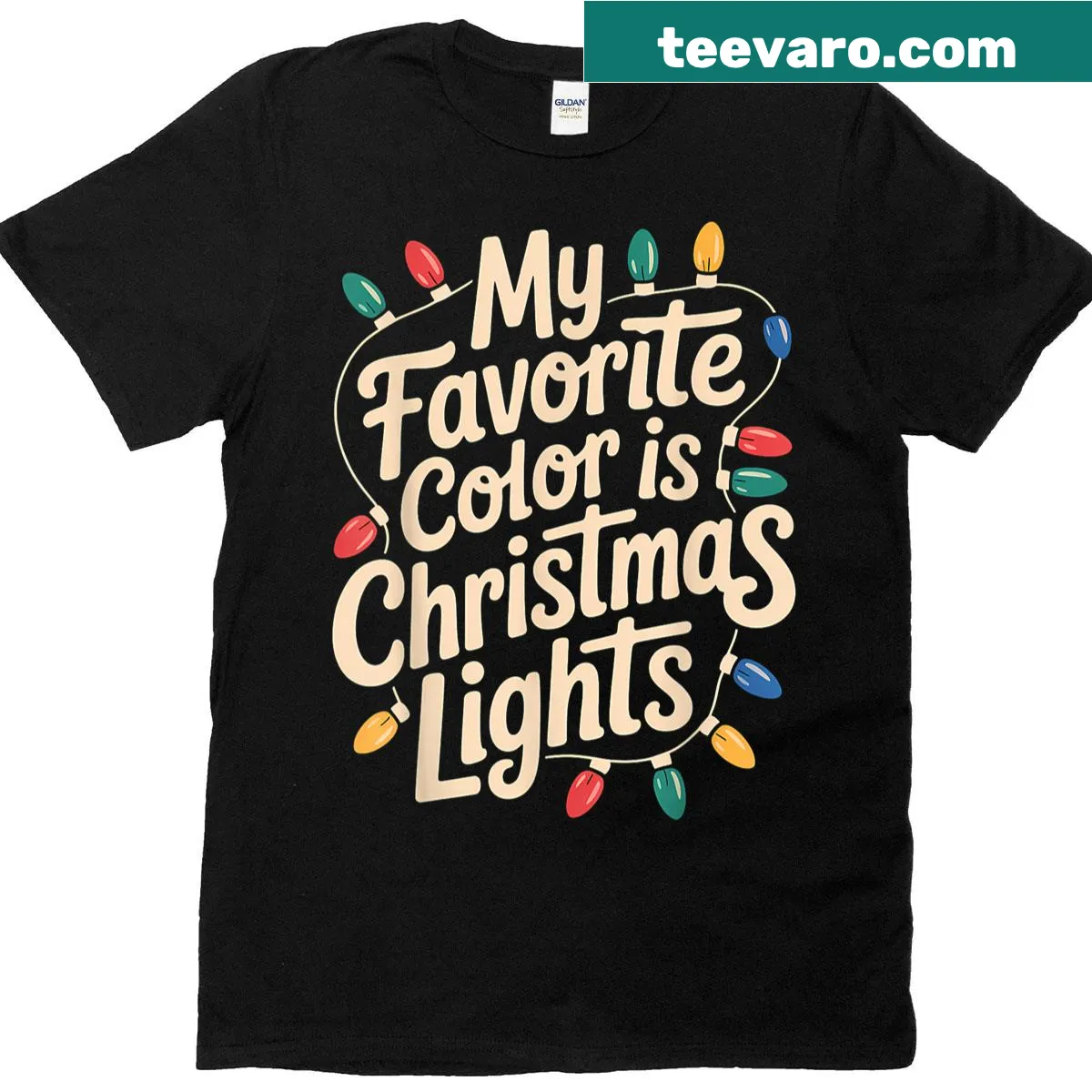 Whimsical T-shirt that says 'My Favorite Color Is Christmas Lights' — on a men's t-shirt