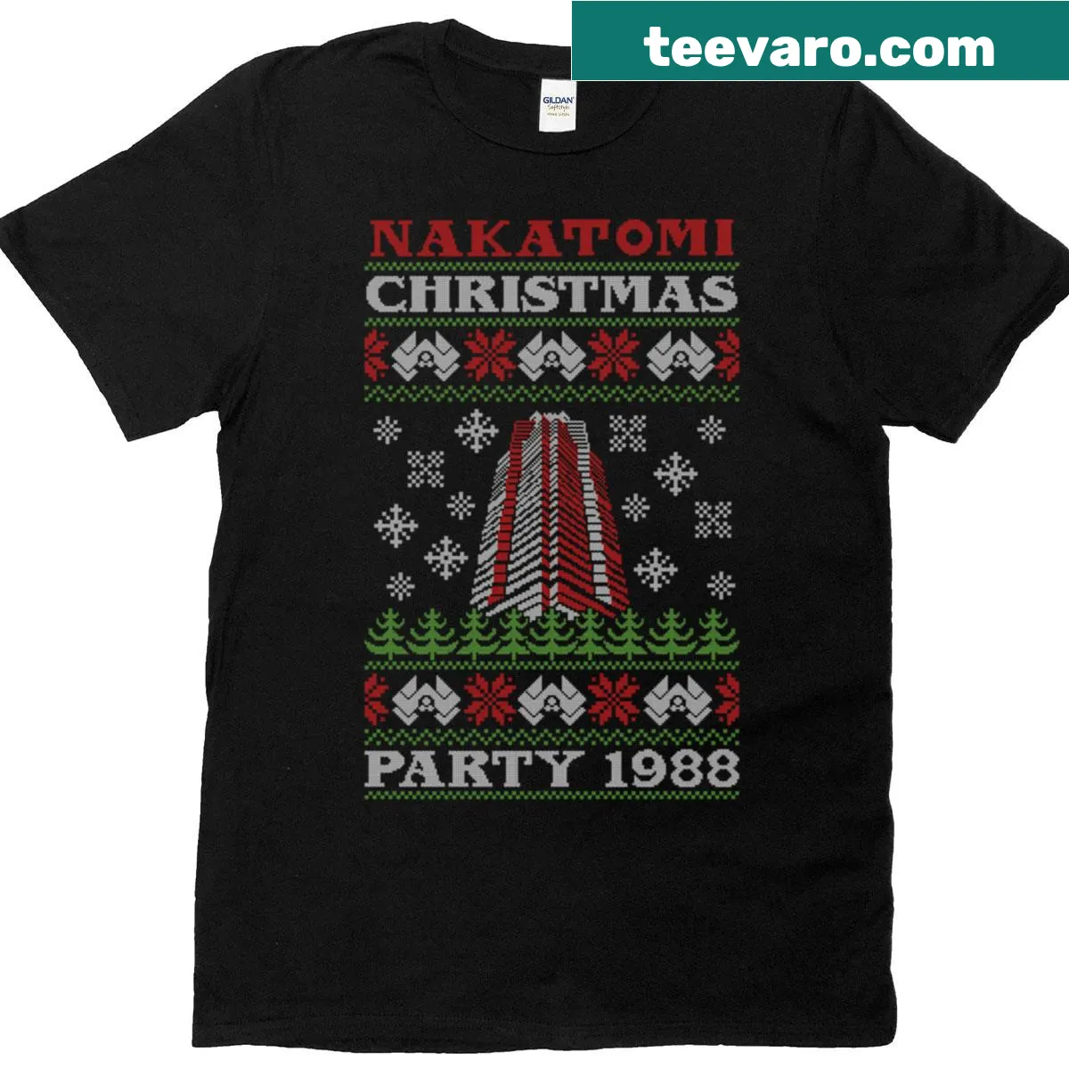 Nakatomi Plaza Christmas party t-shirt with knitted style graphic — on a men's t-shirt