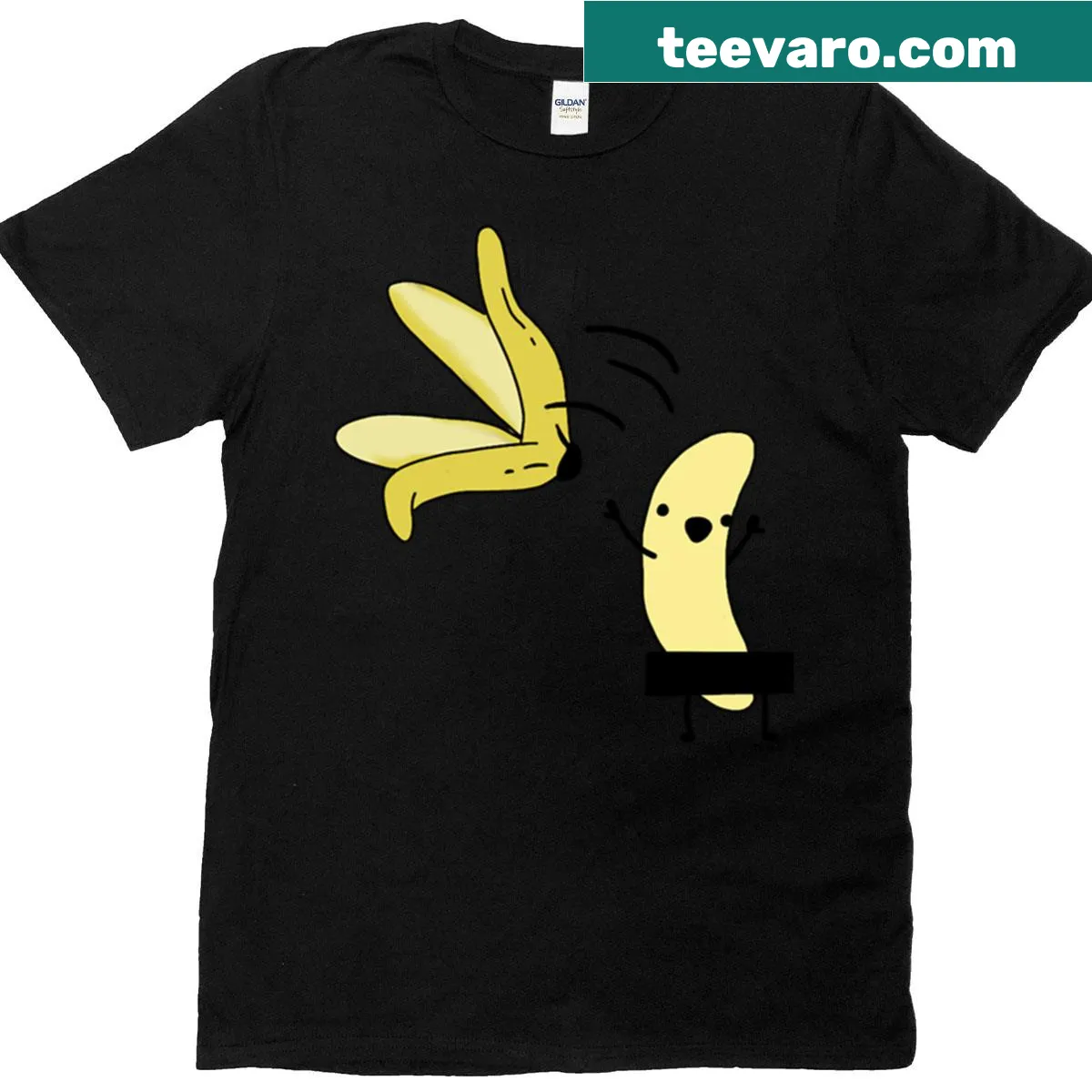 Whimsical naked banana cartoon t-shirt — on a men's t-shirt