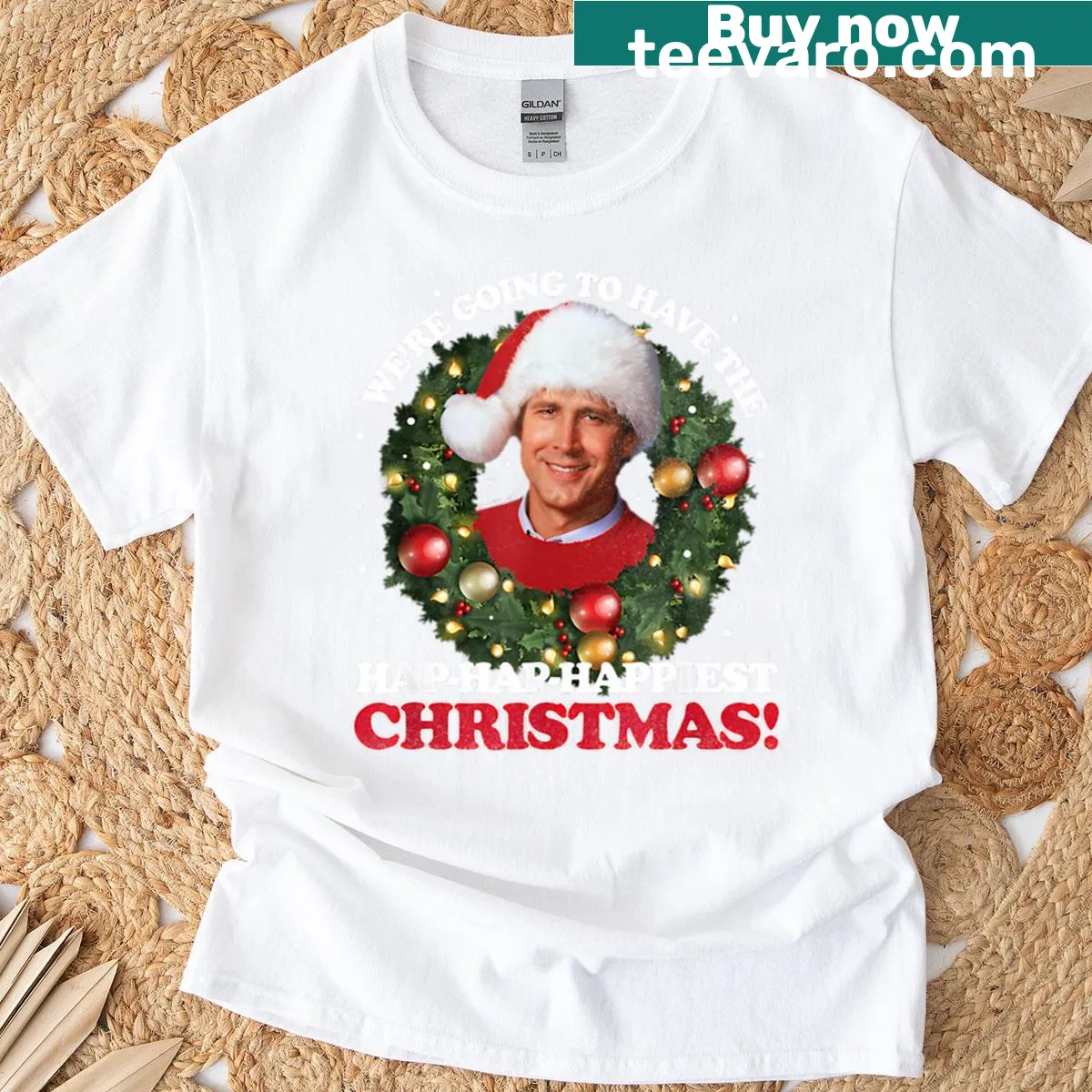 T-shirt with 'Hap Hap Happiest' text from Christmas Vacation — on a men's t-shirt