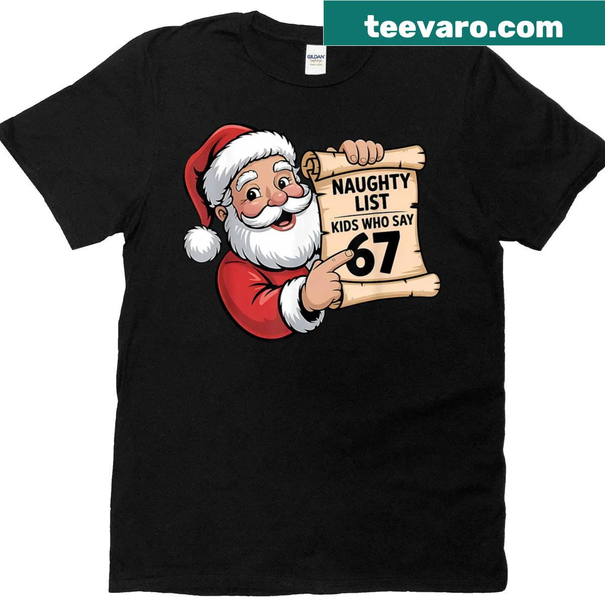 Kids Christmas shirt with Naughty List theme and '67' text — on a men's t-shirt