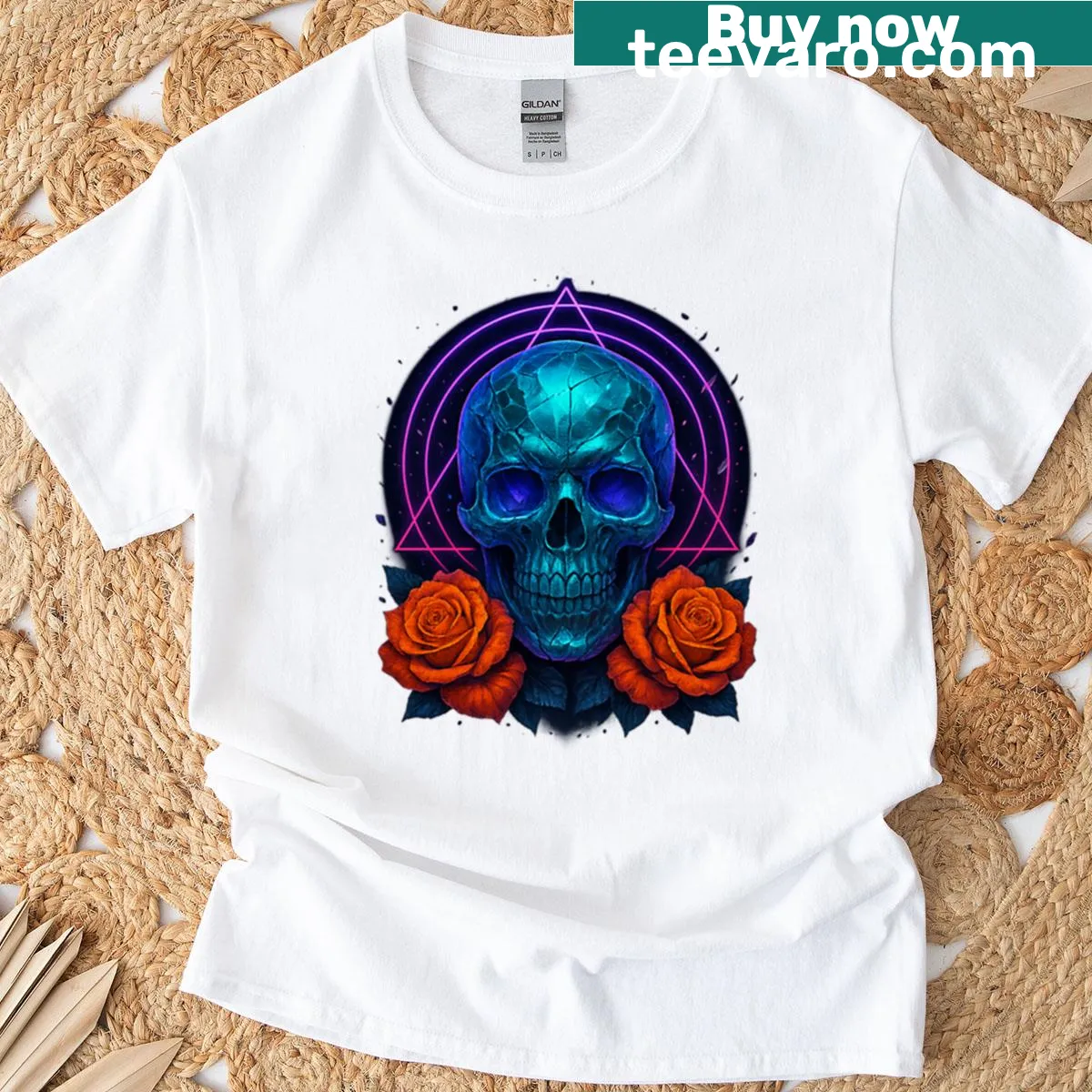 Skull design surrounded by roses on a T-shirt — on a men's t-shirt