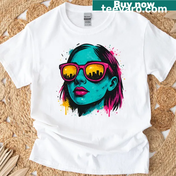 Pop art girl with skyline sunglasses on a neon T-shirt