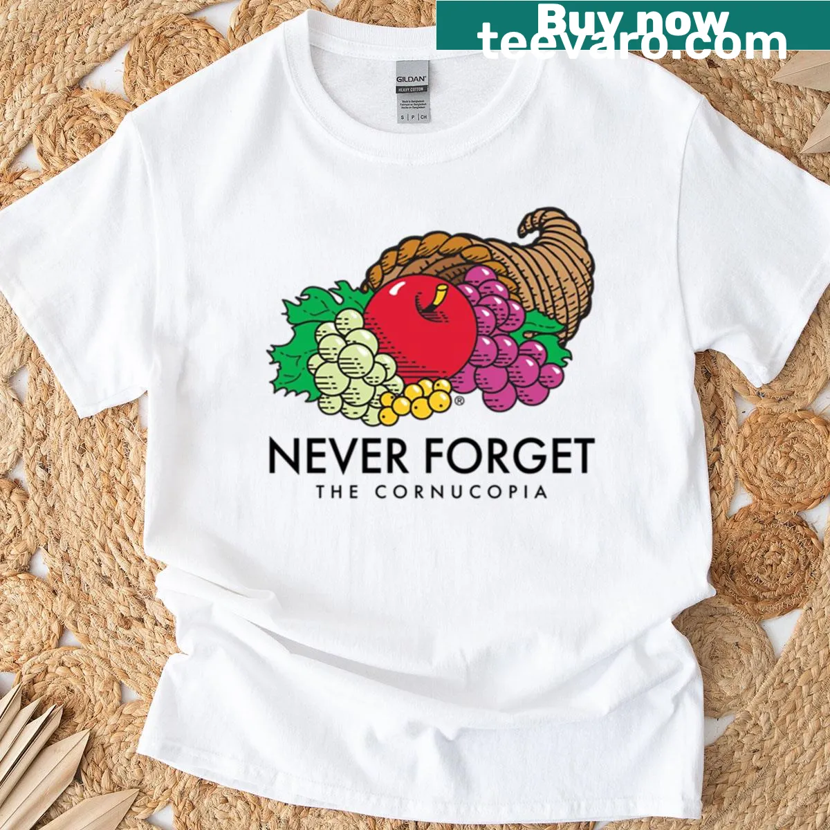 Thanksgiving t-shirt with a graphic of a cornucopia — on a men's t-shirt