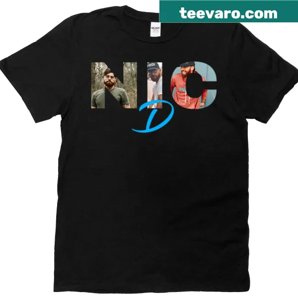 Stylish typography design tribute to Nic D's music album cover on a t-shirt.