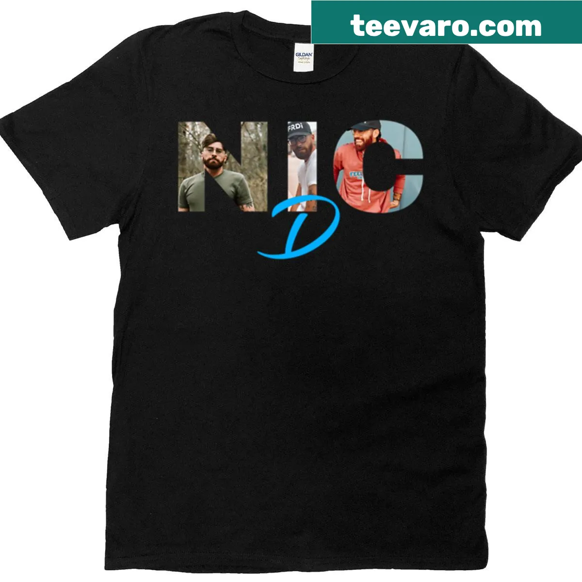 Stylish typography design tribute to Nic D's music album cover on a t-shirt. — on a men's t-shirt