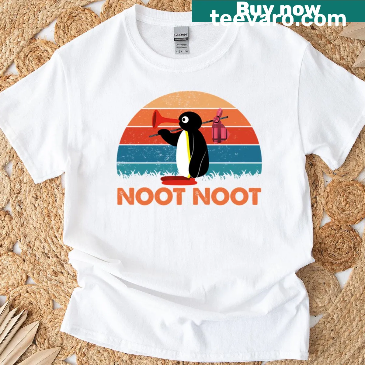 Retro Pingu the penguin graphic on T-shirt — on a men's t-shirt