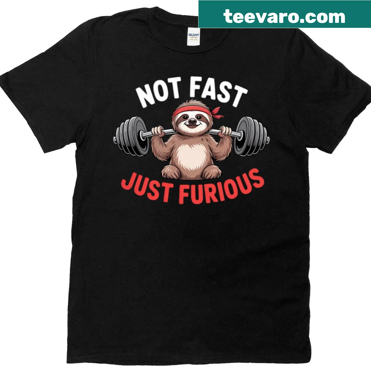 Funny weightlifting sloth graphic on a fitness T-shirt — on a men's t-shirt