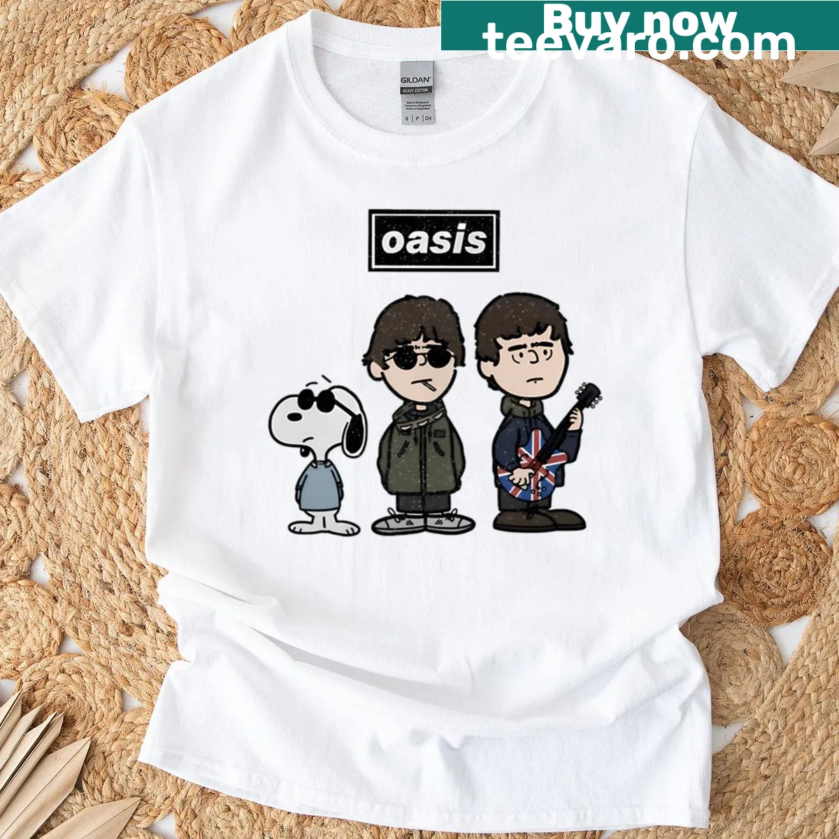 Oversized cartoon T-shirt with Snoopy and Oasis theme — on a men's t-shirt