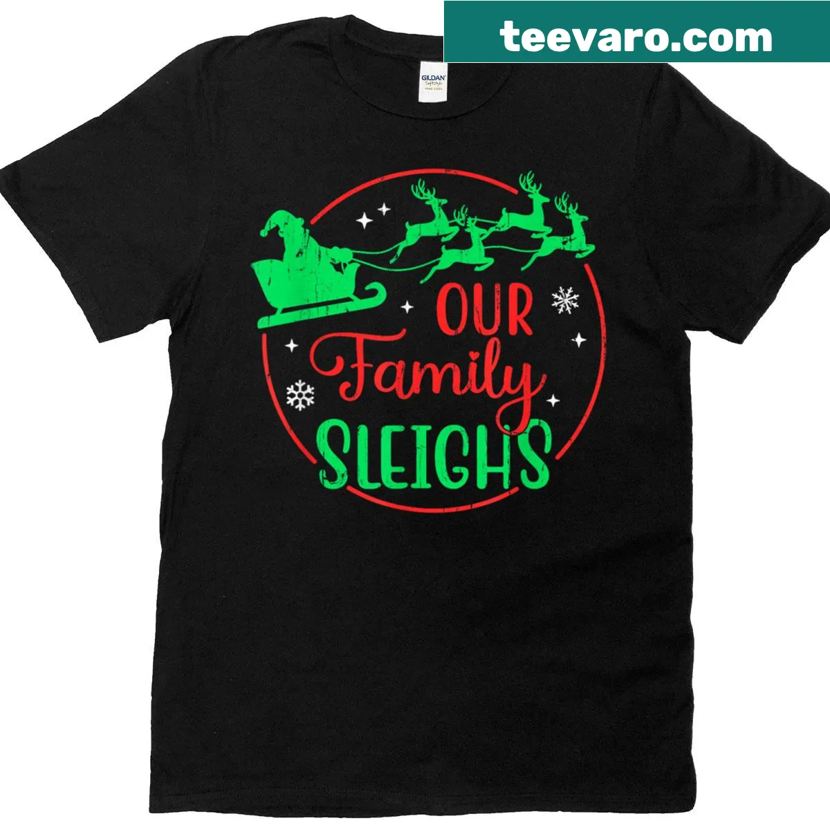 Illustrated family-themed Christmas T-shirt with festive text — on a men's t-shirt