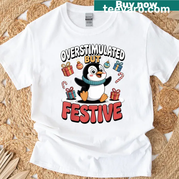Cute t-shirt featuring a festive penguin illustration