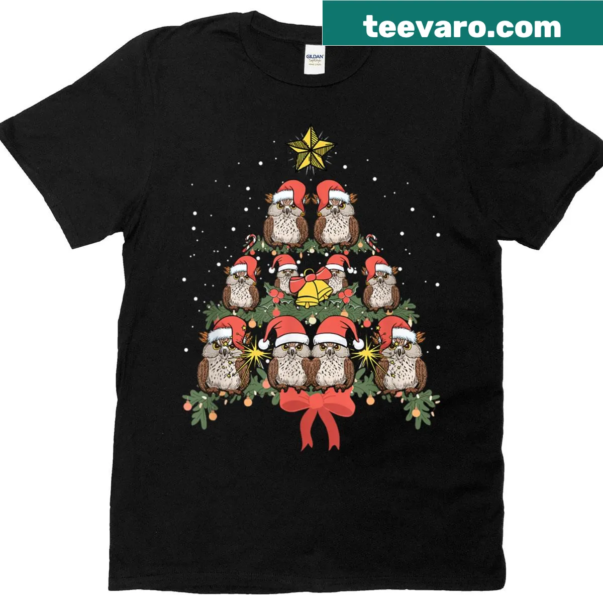 Cute owl-themed Christmas T-shirt with ornaments design — on a men's t-shirt