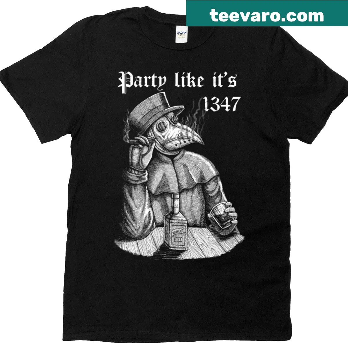 Vintage-style shirt with chill plague doctor and humorous text — on a men's t-shirt
