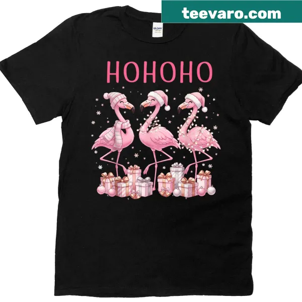 T-shirt featuring pink flamingos in Santa hats for Christmas