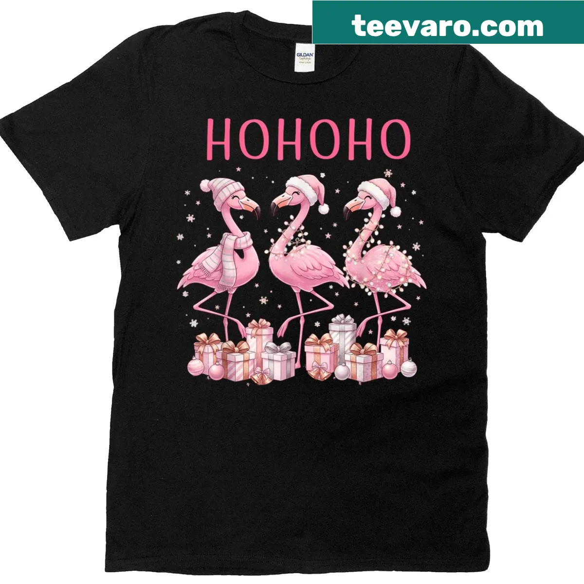 T-shirt featuring pink flamingos in Santa hats for Christmas — on a men's t-shirt