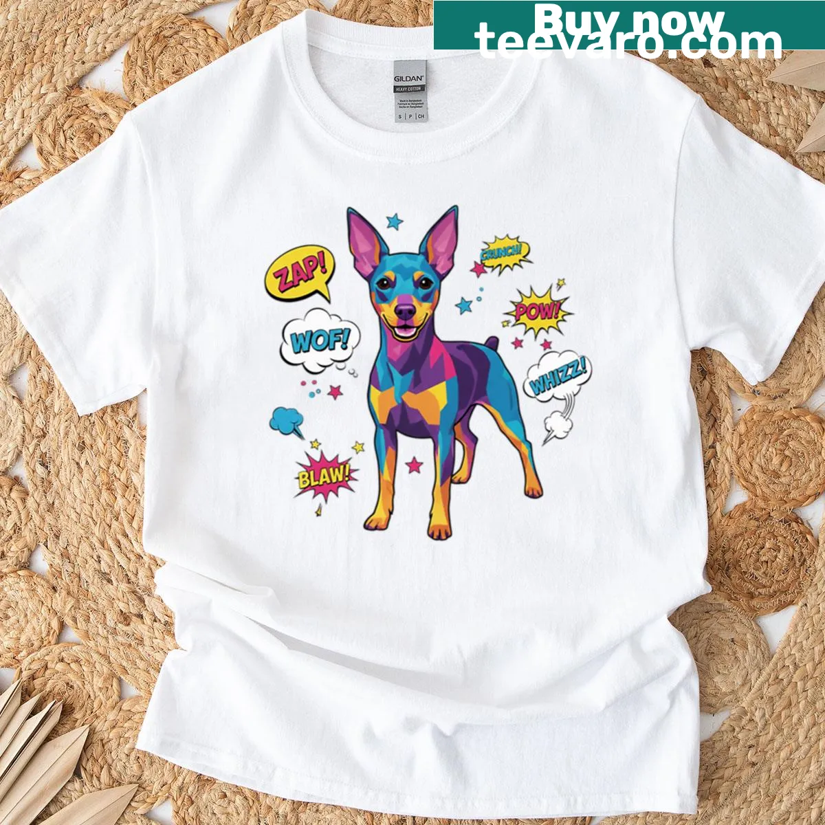 Pop art t-shirt featuring a playful Pinscher dog graphic — on a men's t-shirt