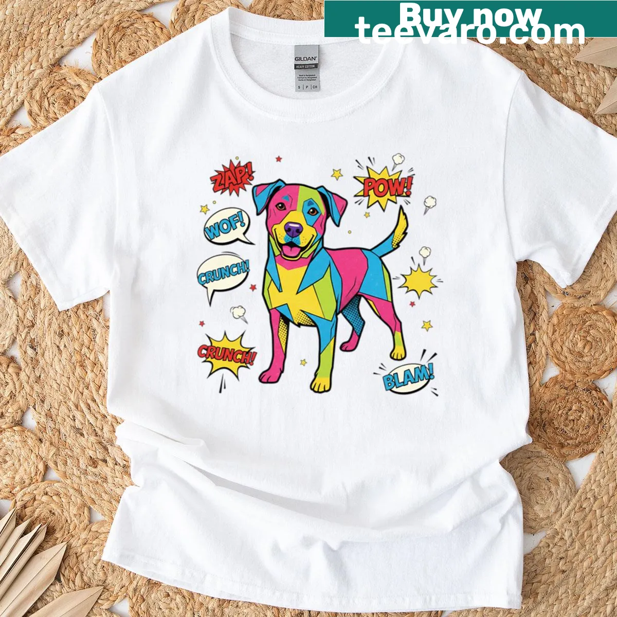 Bold pop art design featuring a Pitbull on a t-shirt — on a men's t-shirt