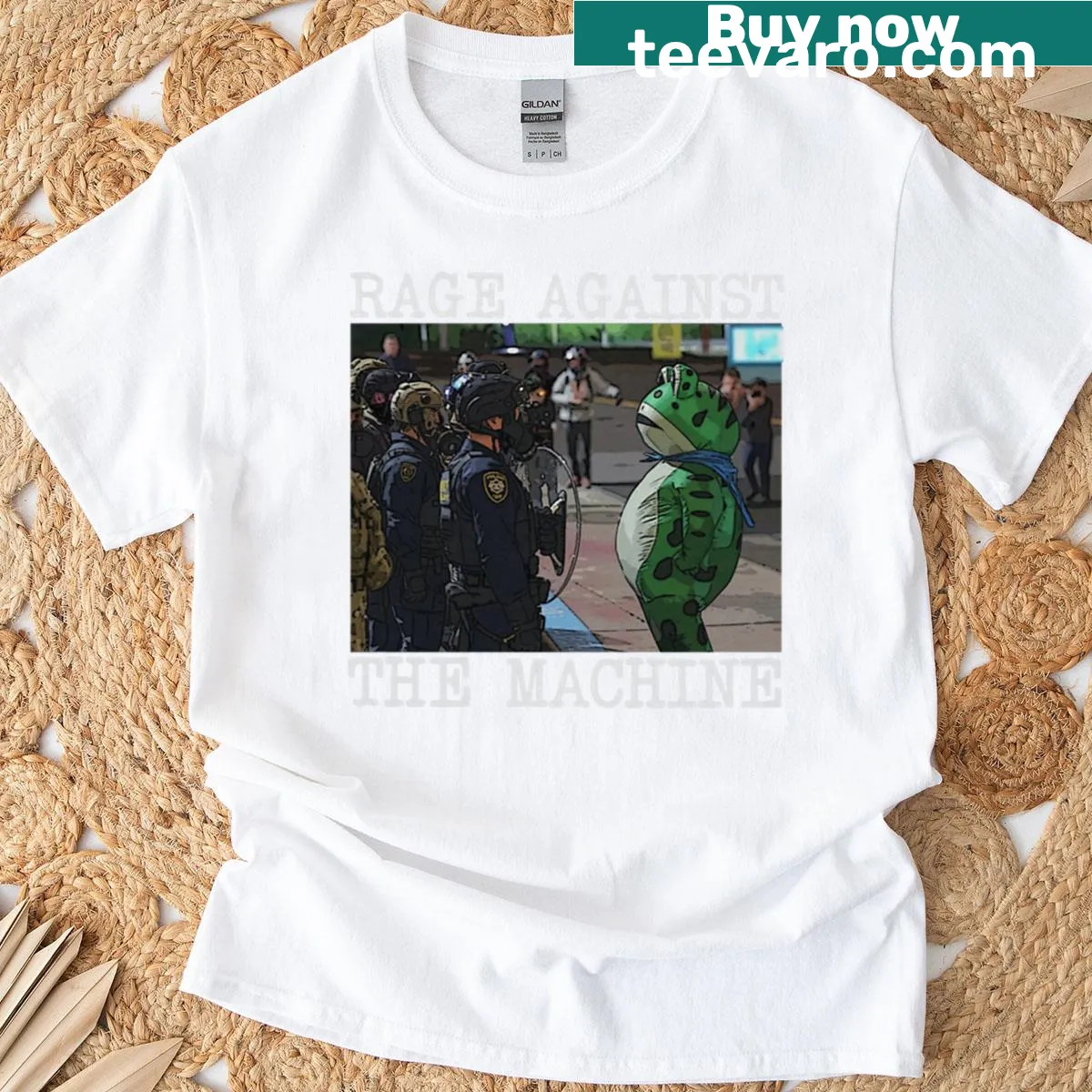 Playful T-shirt with a frog graphic in a protest setting — on a men's t-shirt