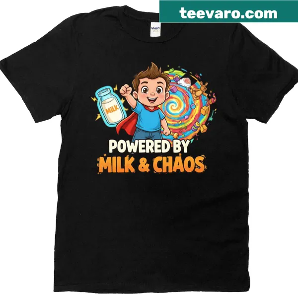 Funny toddler T-shirt with 'Powered By Milk Chaos' design