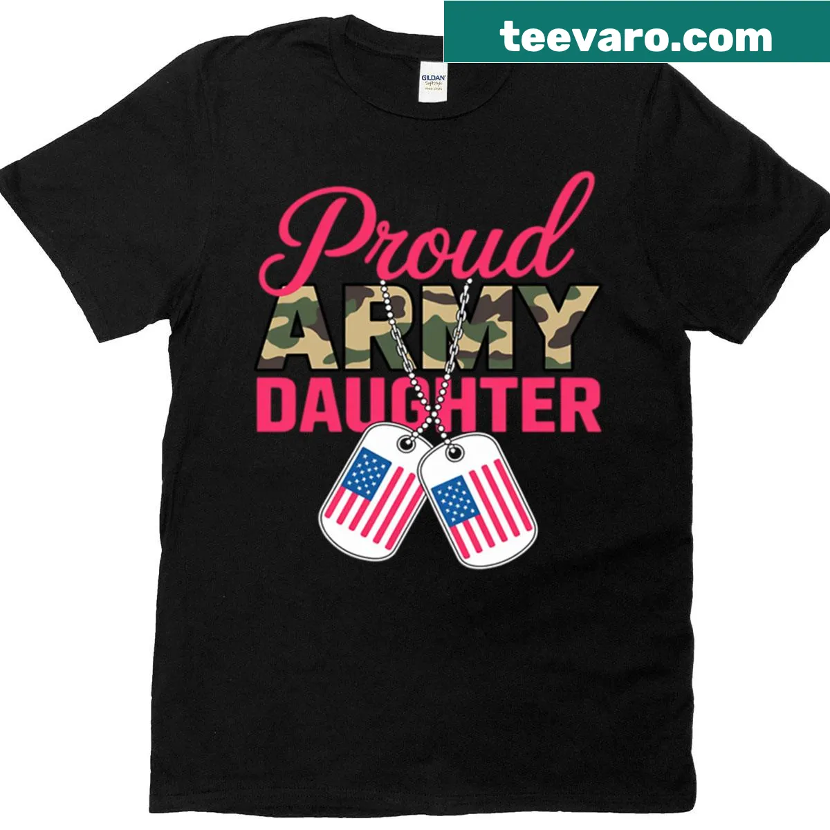 Patriotic T-shirt for Army daughters featuring flag and dog tags — on a men's t-shirt