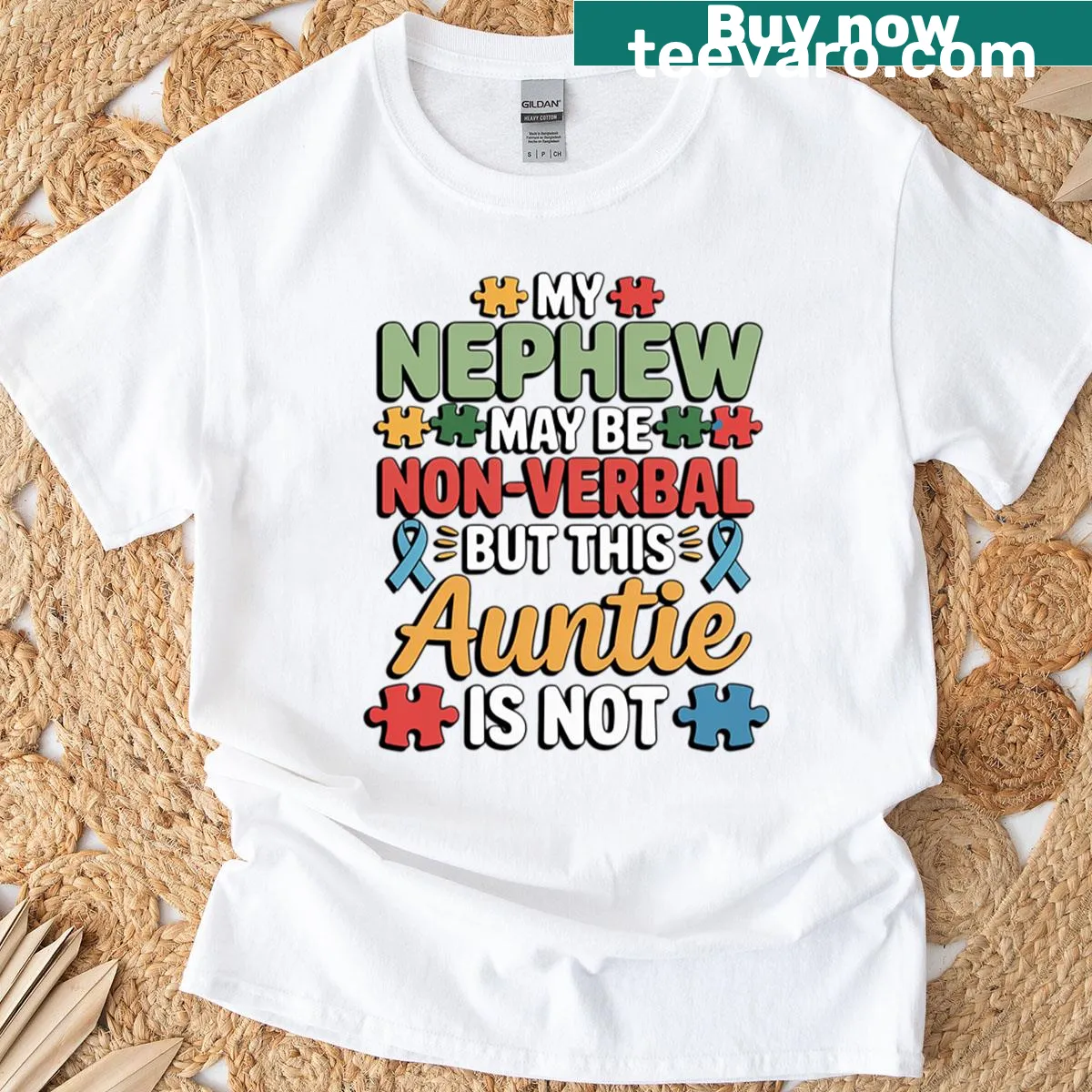 Text highlighting Proud Autism Aunt for autism awareness. — on a men's t-shirt
