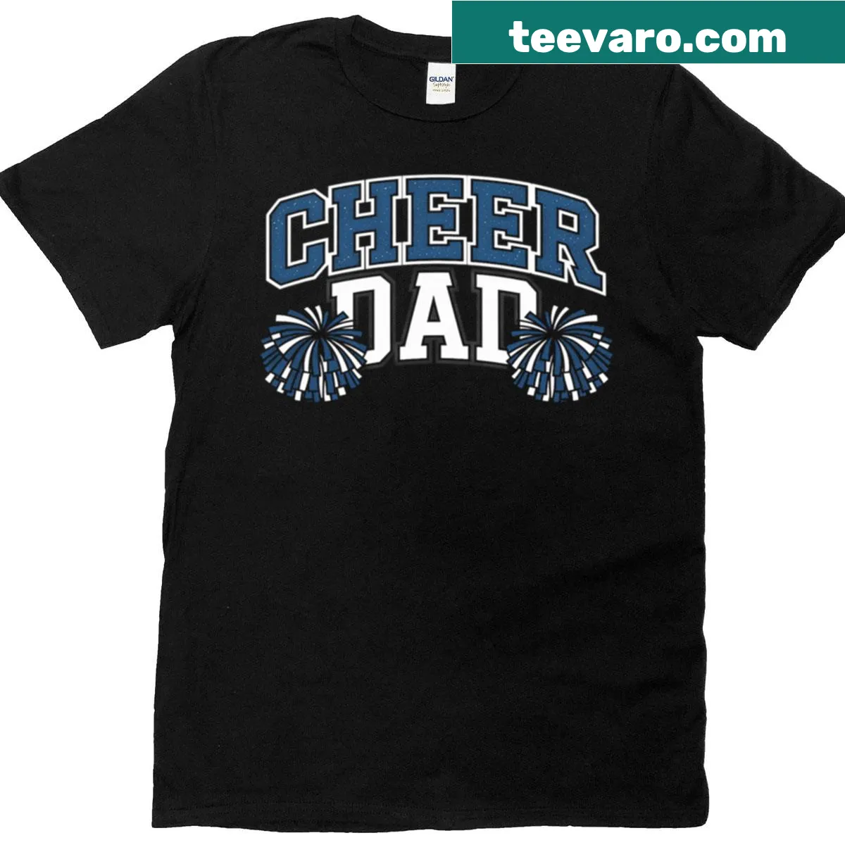 Blue t-shirt for dads with text 'My Favorite Cheerleader Calls Me Dad' — on a men's t-shirt