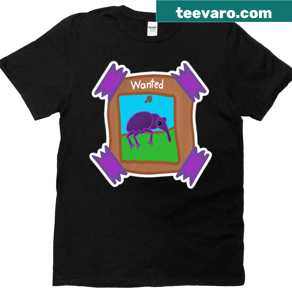 T-shirt featuring a cartoonish purple weevil illustration — on a men's t-shirt