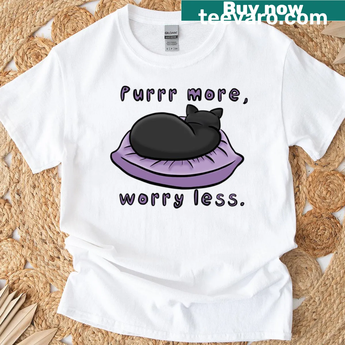 Graphic T-shirt with playful text 'Purr More Worry Less' — on a men's t-shirt