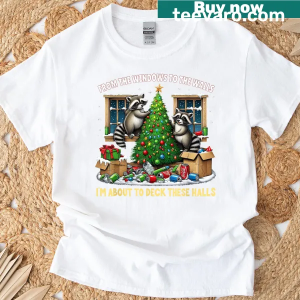 Funny Christmas T-shirt featuring a raccoon and festive text