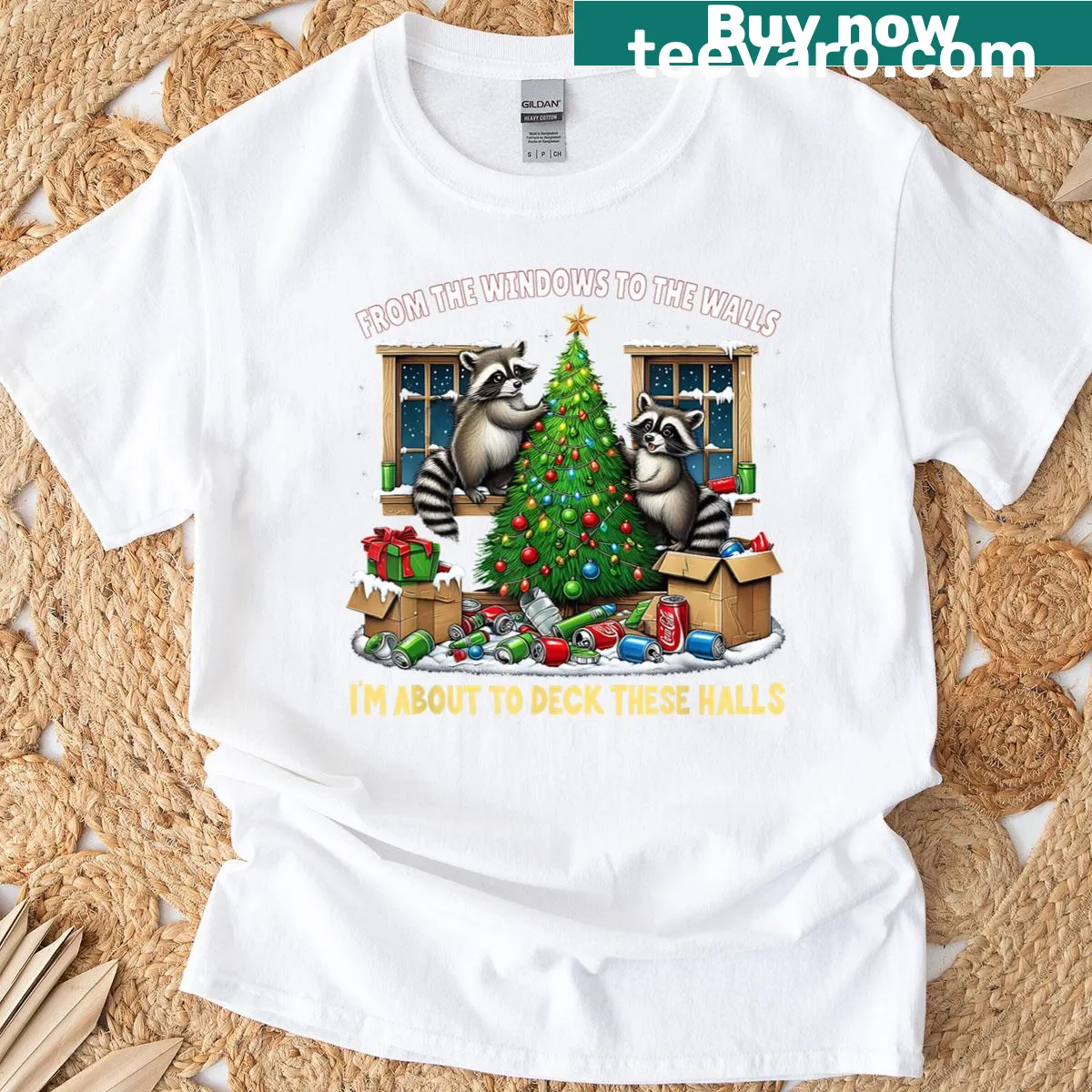 Funny Christmas T-shirt featuring a raccoon and festive text — on a men's t-shirt