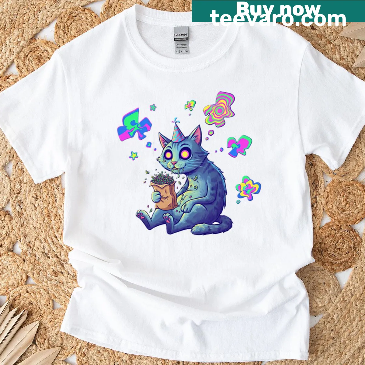 Energetic t-shirt with playful rave-themed graphic — on a men's t-shirt