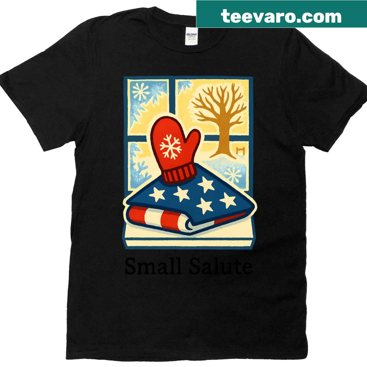 Red mitten design with American flag for winter memorials — on a men's t-shirt