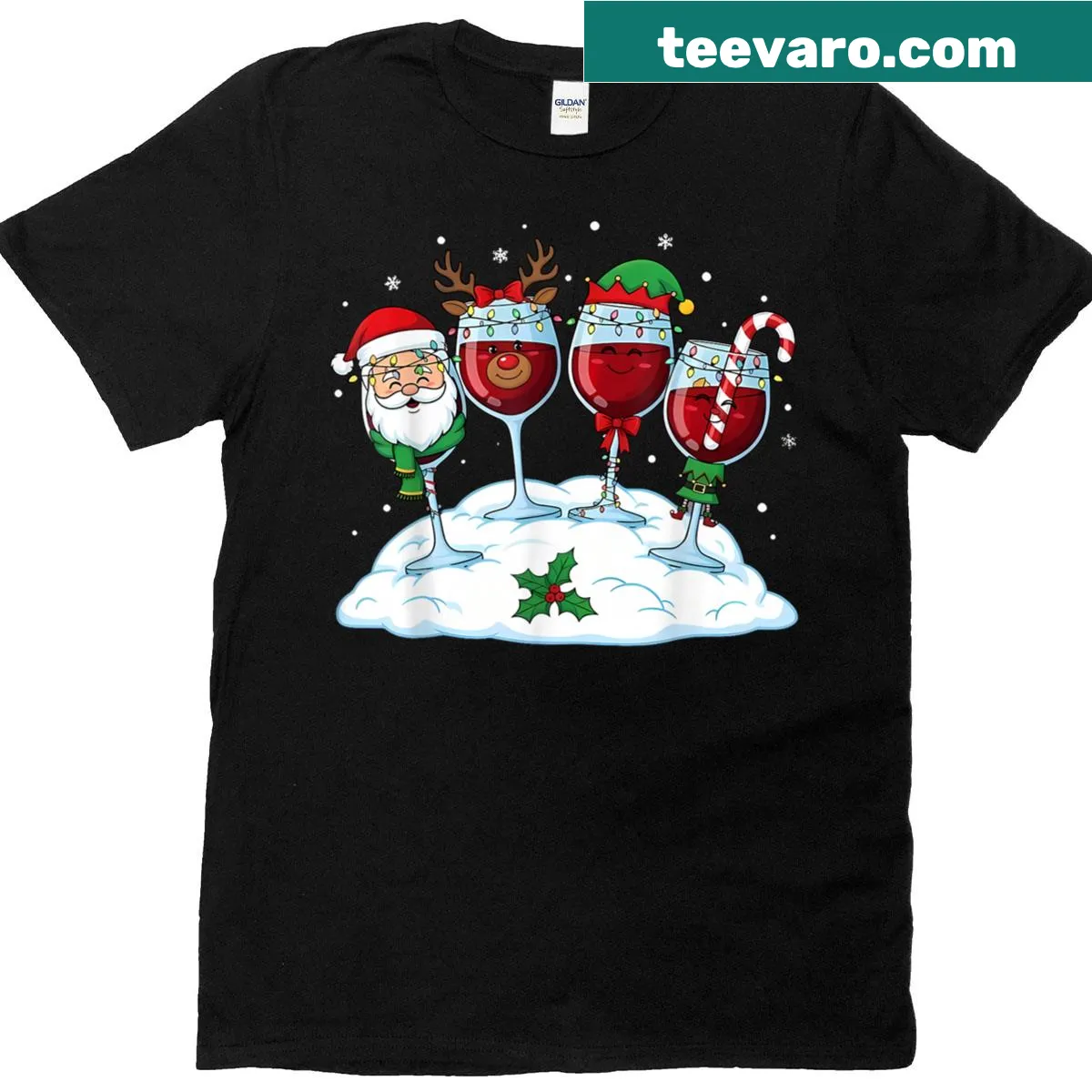 Christmas-themed t-shirt with a wine glass and Santa hat illustration — on a men's t-shirt