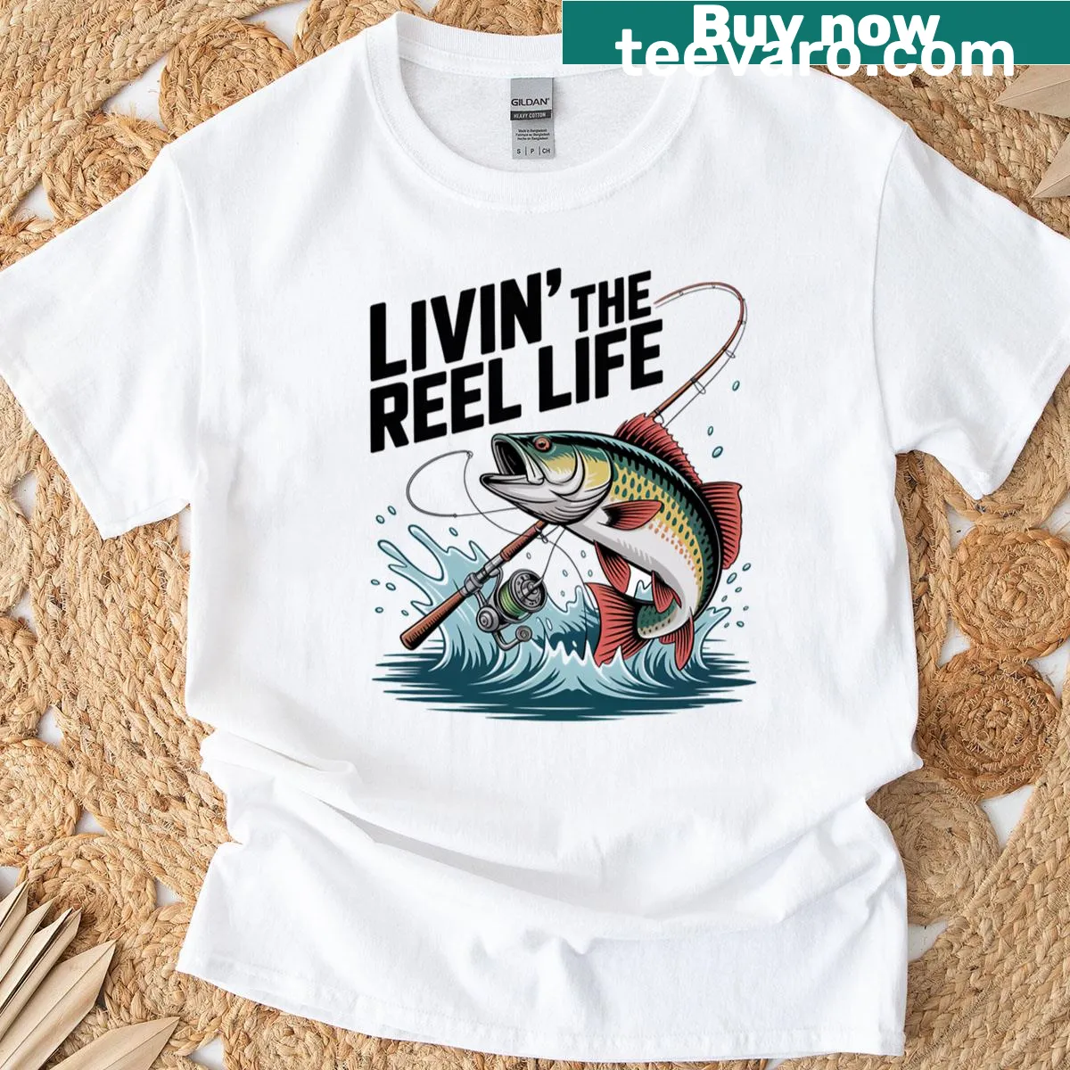 Fishing themed t-shirt with a fishing rod and a bass illustration — on a men's t-shirt