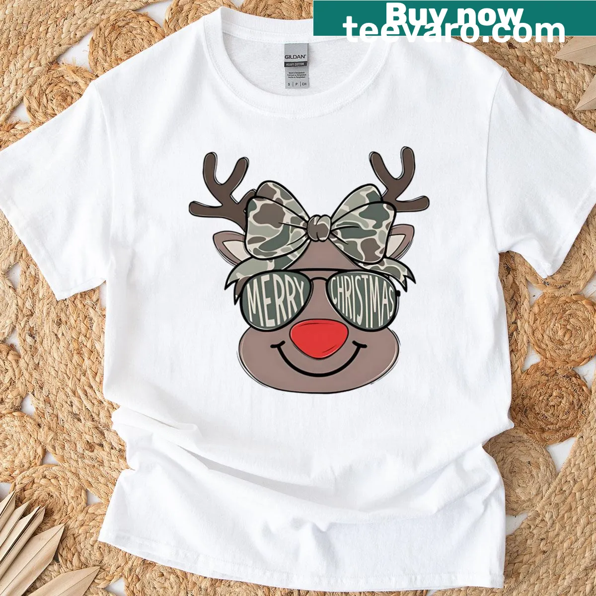 Rudolph the Red-Nosed Reindeer illustration on camo T-shirt — on a men's t-shirt