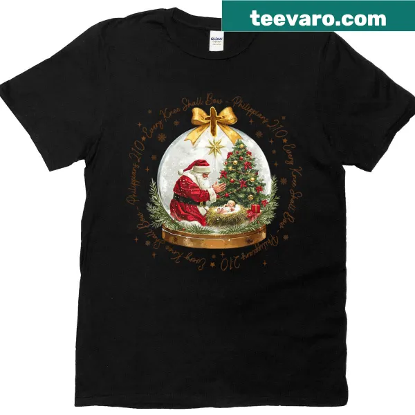 Santa graphic with the phrase 'Every Knee Shall Bow' on Christmas T-shirt