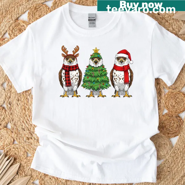 Retro Christmas t-shirt featuring a hawk, Santa, and reindeer