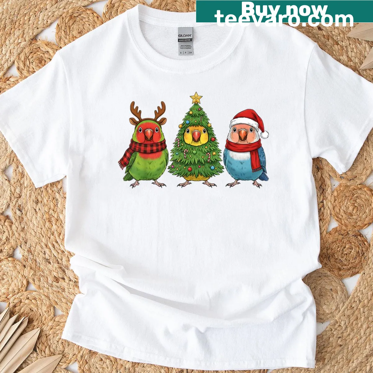 Cartoon-style Christmas shirt featuring lovebirds, Santa, and reindeer — on a men's t-shirt