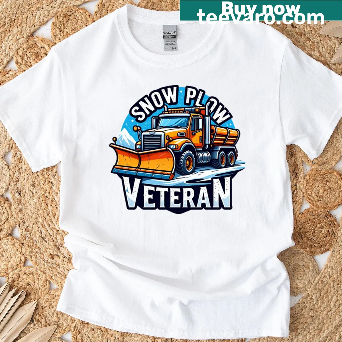 Vintage graphic honoring snow plow veterans with road clearing art — on a men's t-shirt