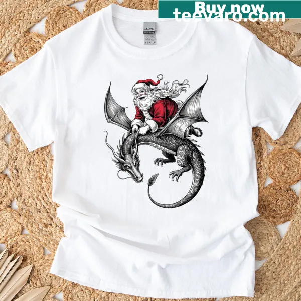 Santa riding a dragon in a retro Viking-themed Christmas design.