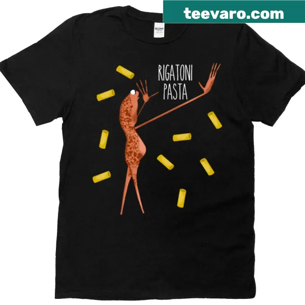 Funny t-shirt featuring Marcus the Worm with rigatoni pasta