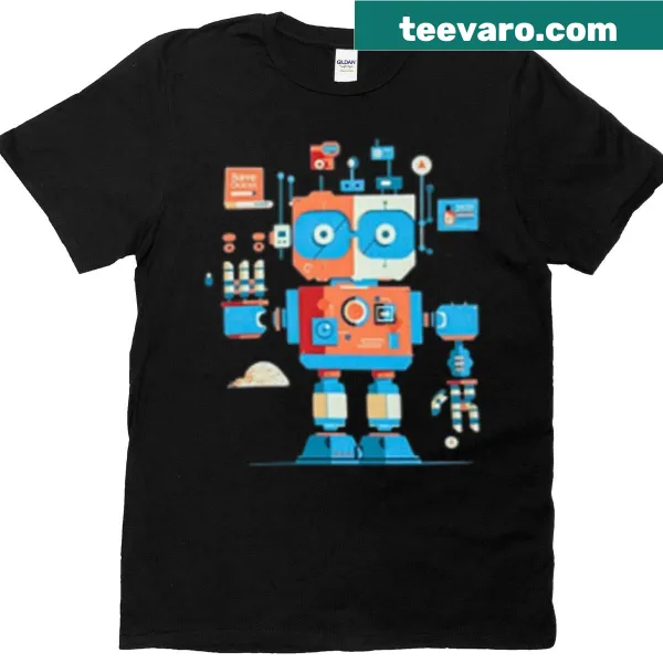 Cartoon robot graphic t-shirt with a playful sticker design