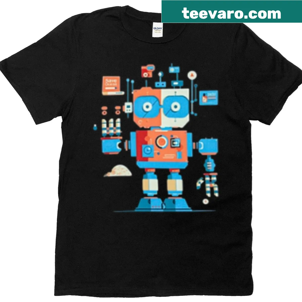 Cartoon robot graphic t-shirt with a playful sticker design — on a men's t-shirt