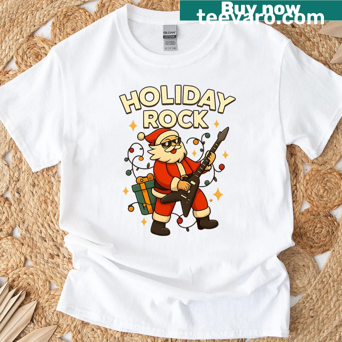 Cheerful T-shirt featuring a cartoon Santa with colorful lights — on a men's t-shirt