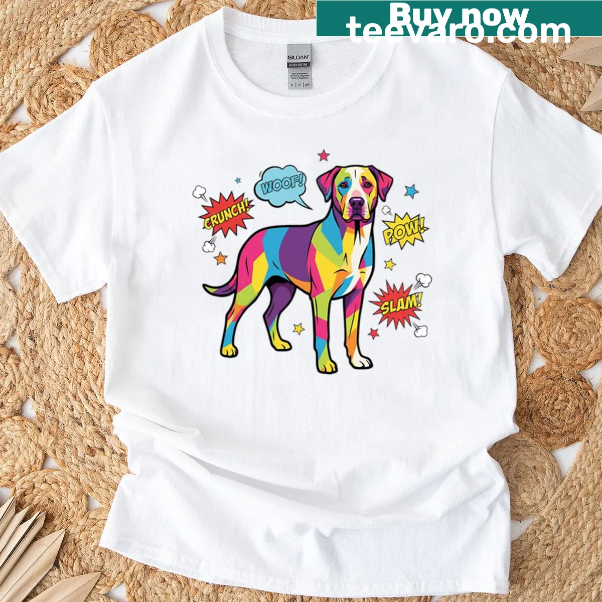 Bold Rottweiler pop art T-shirt with playful 'Crunch Pow' text — on a men's t-shirt