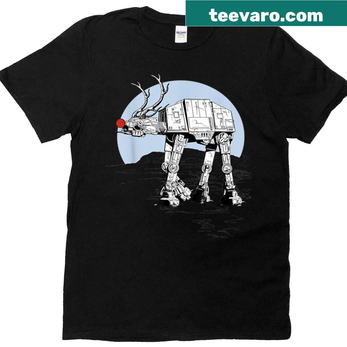 Rudolph in AT-AT walker illustration on a Christmas T-shirt — on a men's t-shirt