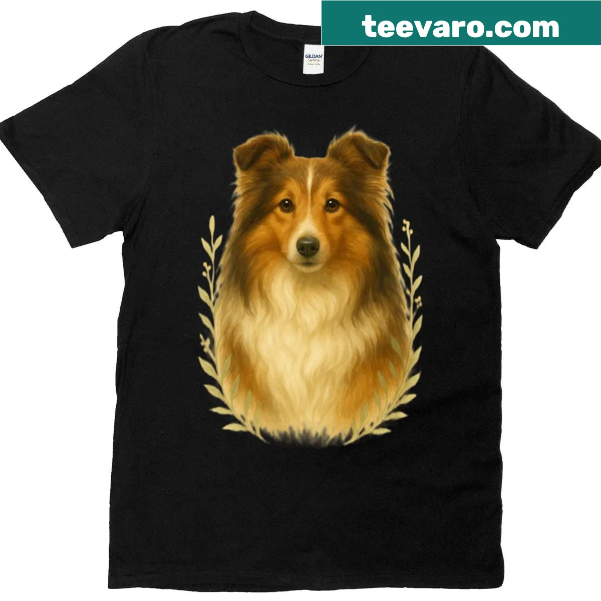Illustration of a sable Sheltie with playful text on T-shirt — on a men's t-shirt