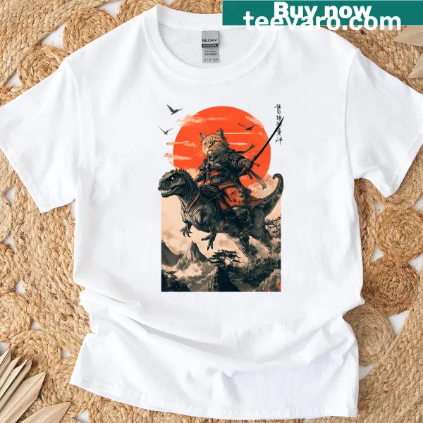 Illustrated shirt of a samurai cat riding a dinosaur